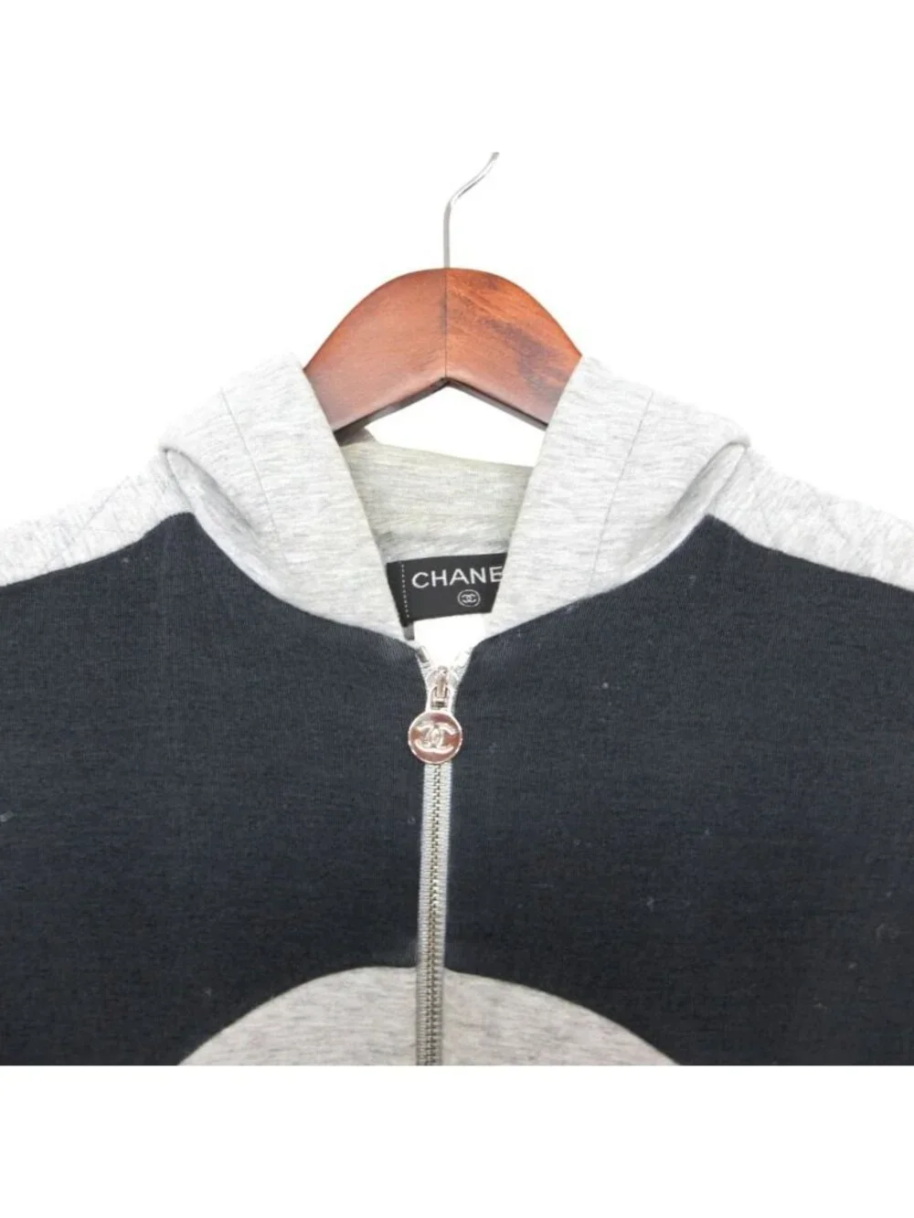 Chanel Hoodie Logo Charm CC Quilted Double Zip Sweatshirt Gray